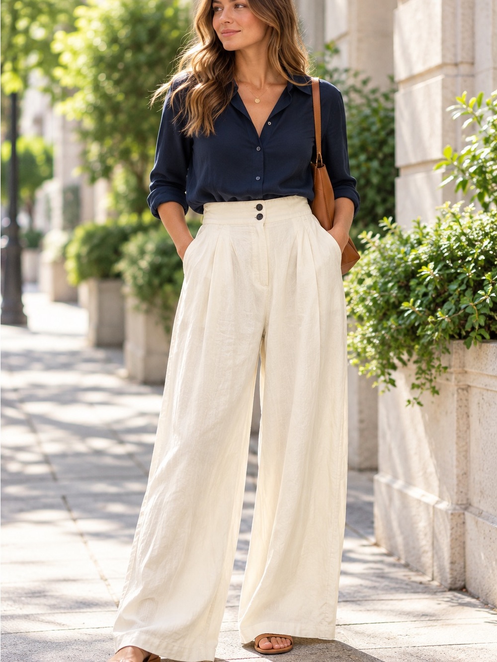 A65. Women's Cream Wide-Leg Linen Blend Skirt